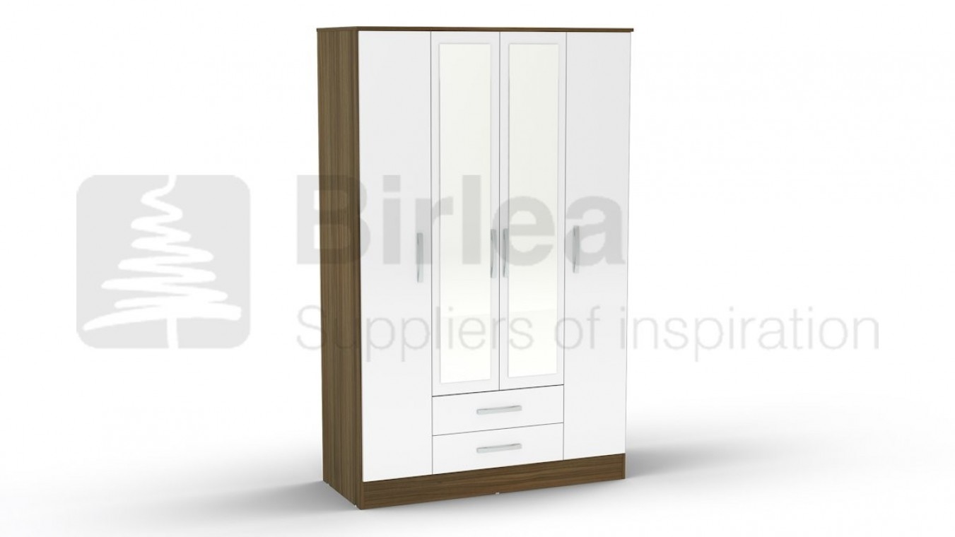 Lynx 4 Door 2 Drawer Wardrobe With Mirror Walnut And White